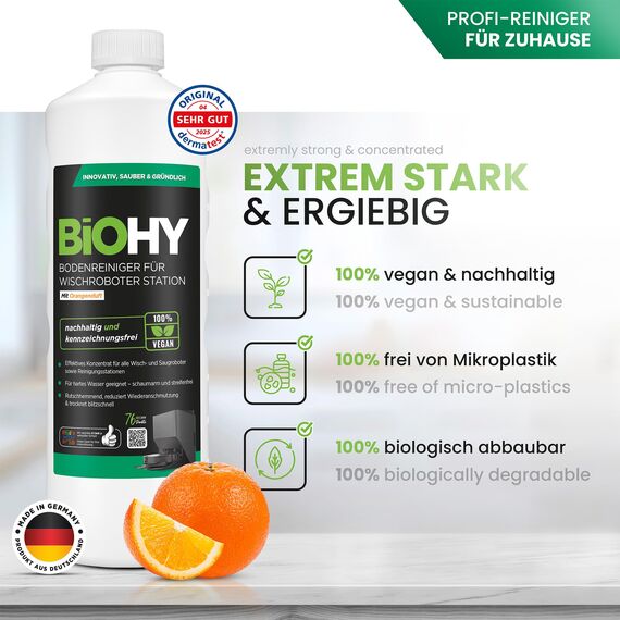 BiOHY Bodenreiniger für Wischroboter Station mit Orangenduft (10 Liter Kanister) + Auslaufhahn | Reinigungsmittel Konzentrat für alle Wisch & Saugroboter mit Nass-Funktion | Schaumarm & Streifenfrei