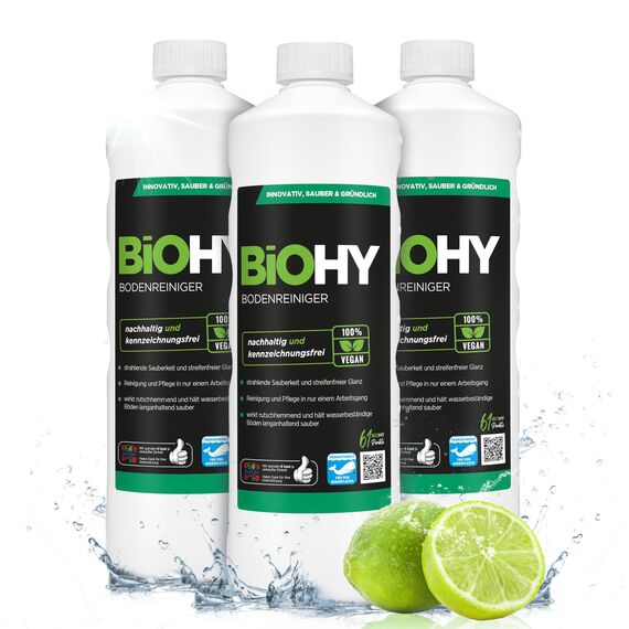 BiOHY Bodenreiniger (3 x 1 Liter) | Konzentrat für alle Reinigungsgeräte und alle Hartböden | angenehmer Geruch und streifenfreie Reinigung | ideal für Laminat, PVC & Stein | Bio Konzentrat