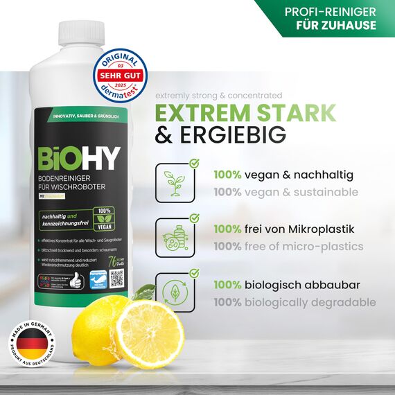 BiOHY Bodenreiniger für Wischroboter (12 x 1 Liter) + Dosierer | Reinigungsmittel Konzentrat für alle Wisch & Saugroboter mit Nass-Funktion | Schaumarm & Streifenfrei | Für alle Böden