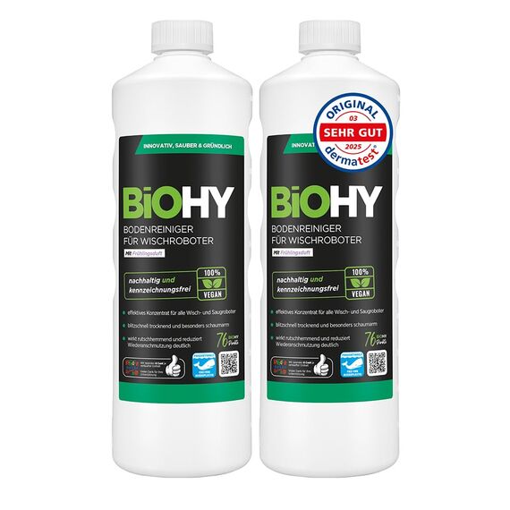 BiOHY Bodenreiniger für alle Wischroboter mit Frühlingsduft (2 x 1 liter) | Schaumarm & Streifenfrei|Nachhaltiges 1:200 Konzentrat für alle Böden