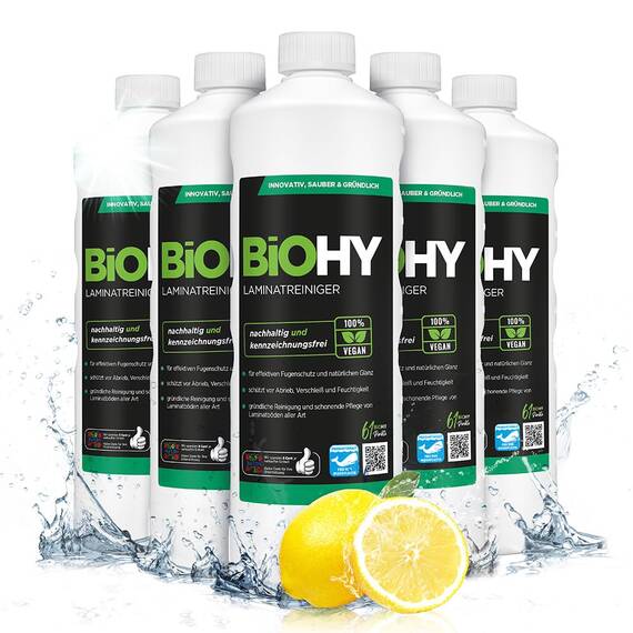 BiOHY Laminatreiniger (6 x 1 Liter) | 2 in 1 Laminatpflege & Reinigungsmittel | reinigt gründlich, schonend & reduziert Wiederverschmutzung | für eine streifenfreie Reinigung | tierfreundlich