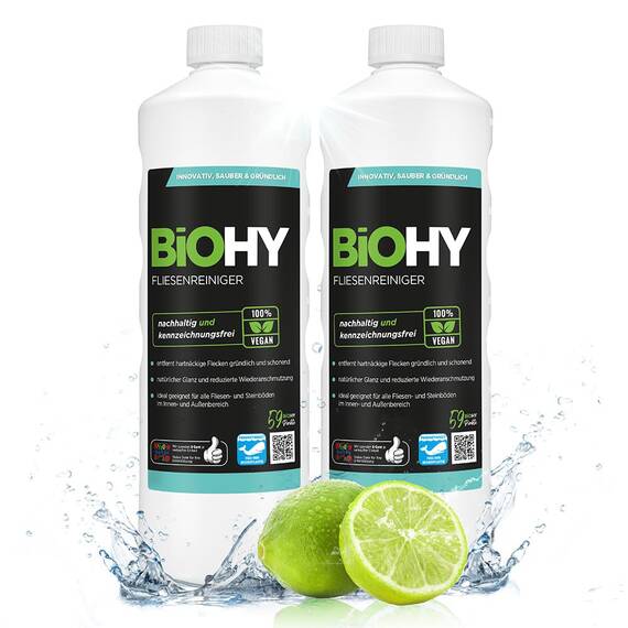 BiOHY Fliesenreiniger (2x1l Flasche) | speziell entwickelt für Stein- & Fliesenböden | hinterlässt eine schmutzabweisende Glanzschicht | entfernt jegliche Art von Schmutz mühelos