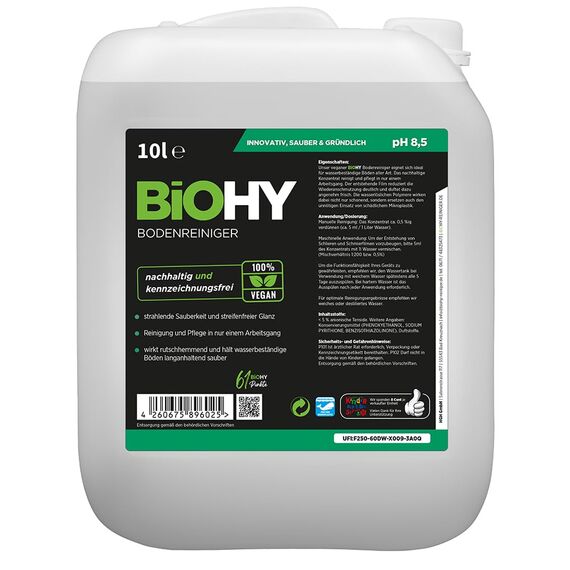 BiOHY Bodenreiniger (10 Liter Kanister) | Konzentrat für alle Reinigungsgeräte und alle Hartböden | angenehmer Geruch und streifenfreie Reinigung | ideal für Laminat, PVC & Stein