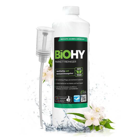 BiOHY Parkettreiniger (1l Flasche) + Dosierer | Konzentrat für versiegeltes & geöltes Parkett | materialschonend & schmutzlösend | für eine streifenfreie Reinigung | 2 in 1 Pflege & Reinigungsmittel