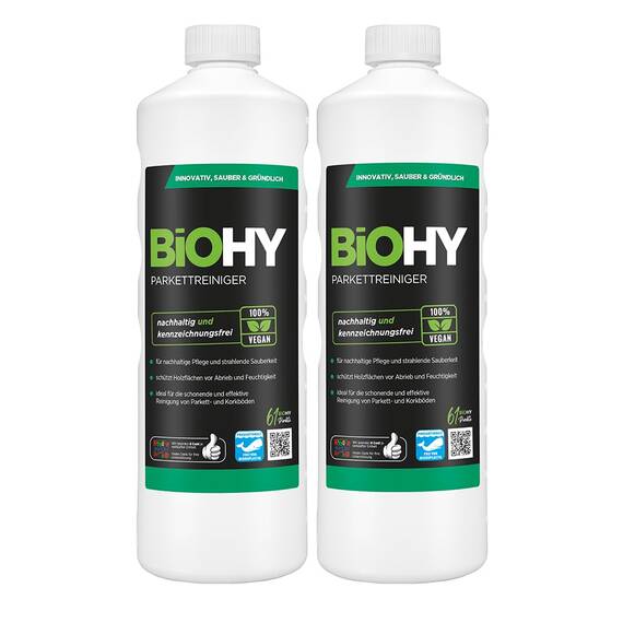 BiOHY Parkettreiniger (2 x 1 liter) | Konzentrat für versiegeltes & geöltes Parkett | materialschonend & schmutzlösend | für eine streifenfreie Reinigung | 2 in 1 Pflege & Reinigungsmittel