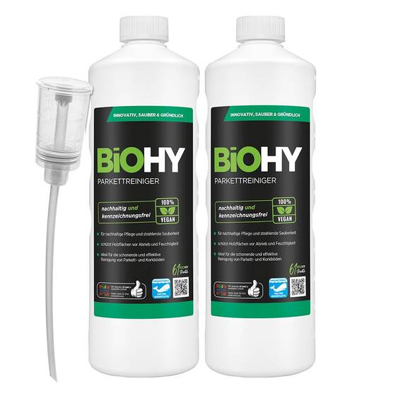BiOHY Parkettreiniger (2 x 1 liter) + Dosierer | Konzentrat für versiegeltes & geöltes Parkett | materialschonend & schmutzlösend | für eine streifenfreie Reinigung | 2 in 1 Pflege & Reinigungsmittel
