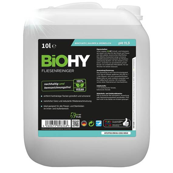 BiOHY Fliesenreiniger (10 Liter Kanister) | Bio Reiniger für Wand- & Bodenfliesen aller Art | Intensiver Kalkentferner | Streifenfreie Reinigung für Wohnzimmer, Küche & Bad | Innen & Außenbereich