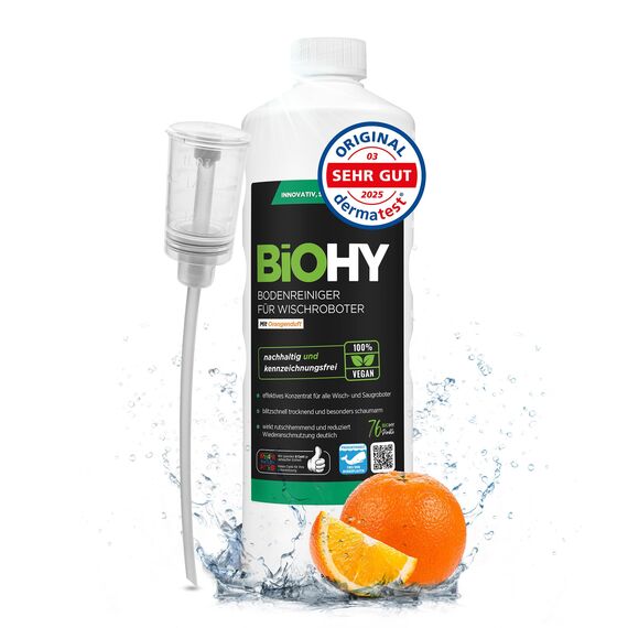 BiOHY Bodenreiniger für alle Wischroboter mit Orangenduft (1l Flasche) + Dosierer | Schaumarm & Streifenfrei | Reinigungsmittel Konzentrat für alle Böden