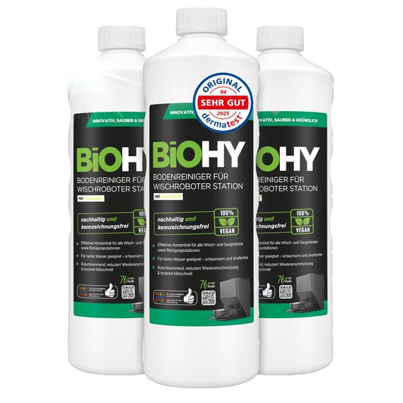BiOHY Bodenreiniger für Wischroboter Station mit Frischeduft (3 x 1 Liter) | Reinigungsmittel Konzentrat für alle Wisch & Saugroboter mit Nass-Funktion | Schaumarm & Streifenfrei | Für alle Böden