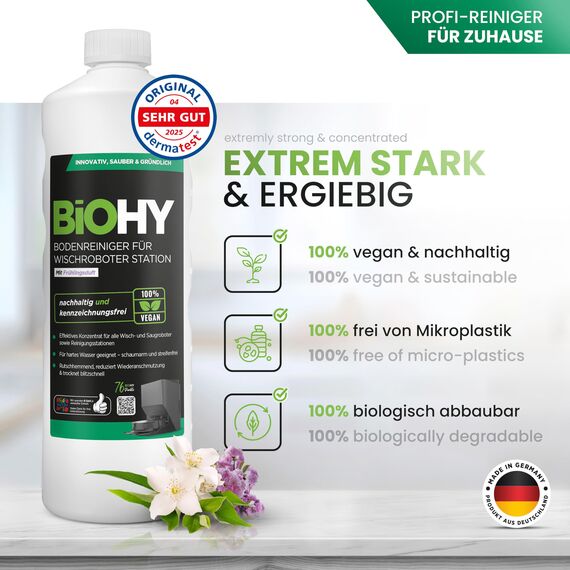 BiOHY Bodenreiniger für Wischroboter Station mit Frühlingsduft (9 x 1 Liter) + Dosierer | Reinigungsmittel Konzentrat für alle Wisch & Saugroboter mit Nass-Funktion | Schaumarm & Streifenfrei