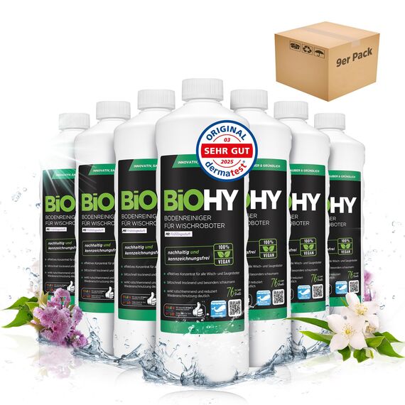 BiOHY Bodenreiniger für alle Wischroboter mit Frühlingsduft (9 x 1 Liter) | Schaumarm & Streifenfrei | Reinigungsmittel Konzentrat für alle Böden