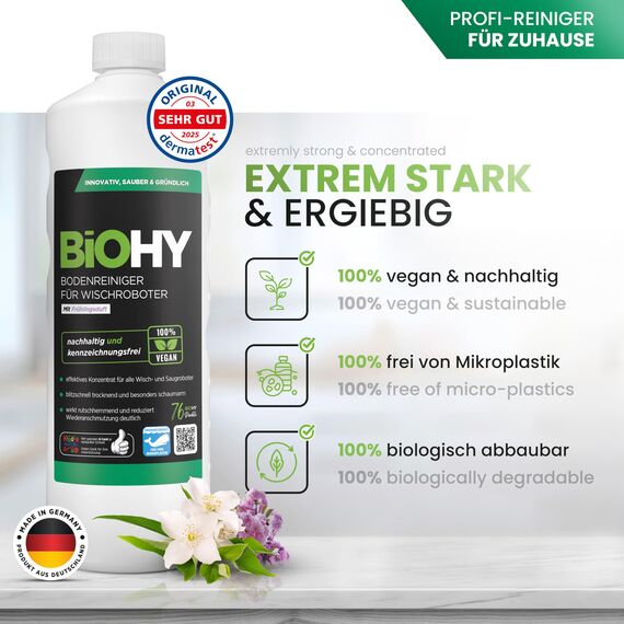 BiOHY Bodenreiniger für alle Wischroboter mit Frühlingsduft (9 x 1 Liter) | Schaumarm & Streifenfrei | Reinigungsmittel Konzentrat für alle Böden