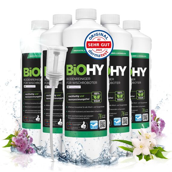BiOHY Bodenreiniger für alle Wischroboter mit Frühlingsduft (6 x 1 Liter) + Dosierer | Schaumarm & Streifenfrei | Reinigungsmittel Konzentrat für alle Böden