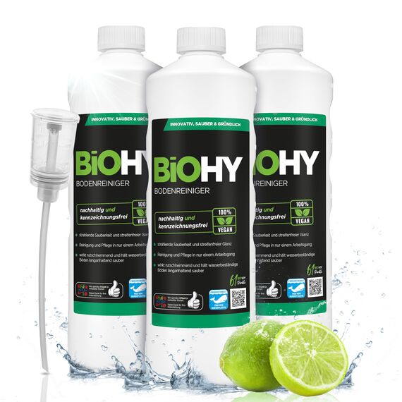BiOHY Bodenreiniger (3 x 1 Liter) + Dosierer | Konzentrat für alle Reinigungsgeräte und alle Hartböden | angenehmer Geruch und streifenfreie Reinigung | ideal für Laminat, PVC & Stein | Bio Konzentrat