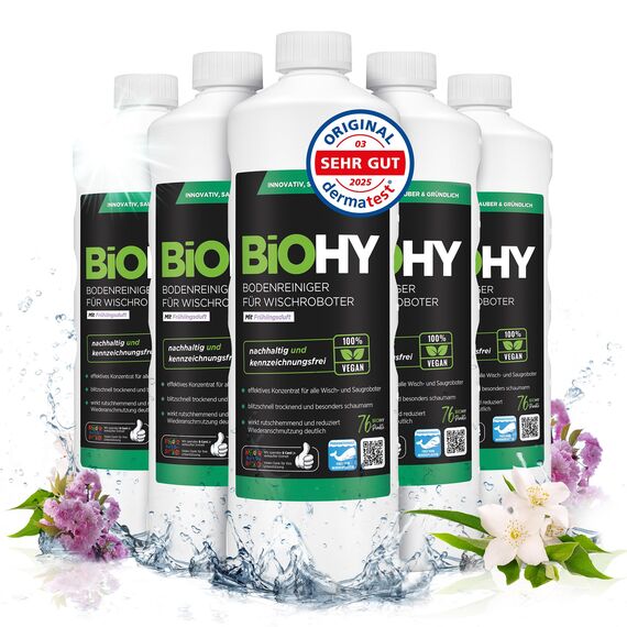 BiOHY Bodenreiniger für alle Wischroboter mit Frühlingsduft (6 x 1 Liter) | Schaumarm & Streifenfrei | Reinigungsmittel Konzentrat für alle Böden