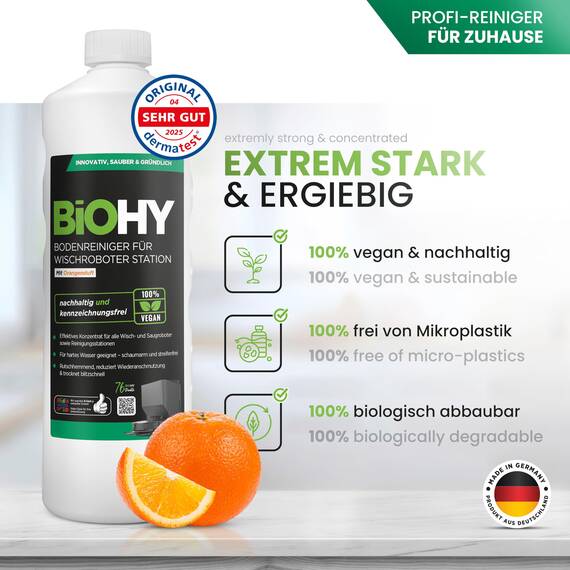 BiOHY Bodenreiniger für Wischroboter Station mit Orangenduft (9 x 1 Liter) + Dosierer | Reinigungsmittel Konzentrat für alle Wisch & Saugroboter mit Nass-Funktion | Schaumarm & Streifenfrei