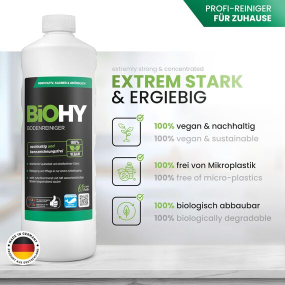 BiOHY Bodenreiniger (9 x 1 Liter) + Dosierer | Konzentrat für alle Reinigungsgeräte und alle Hartböden | angenehmer Geruch und streifenfreie Reinigung | ideal für Laminat, PVC & Stein | Bio Konzentrat