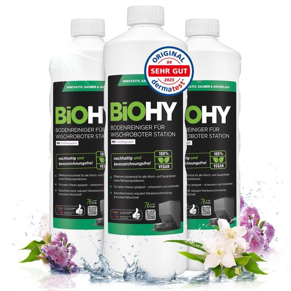 BiOHY Bodenreiniger für Wischroboter Station mit Frühlingsduft (3 x 1 Liter) | Reinigungsmittel Konzentrat für alle Wisch & Saugroboter mit Nass-Funktion | Schaumarm & Streifenfrei | Für alle Böden