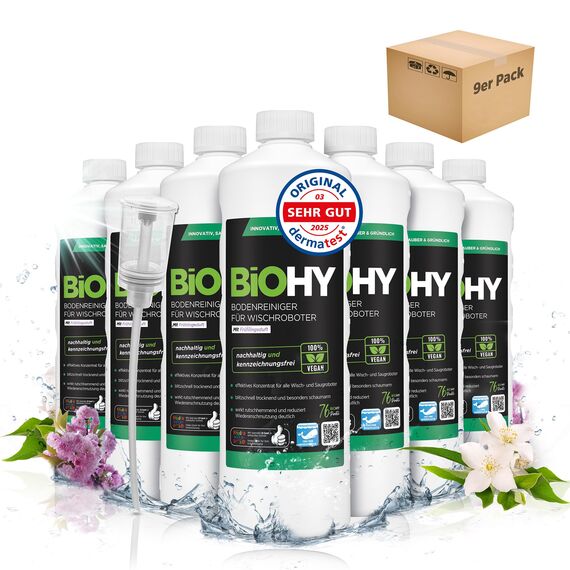 BiOHY Bodenreiniger für alle Wischroboter mit Frühlingsduft (9 x 1 Liter) + Dosierer | Schaumarm & Streifenfrei | Reinigungsmittel Konzentrat für alle Böden