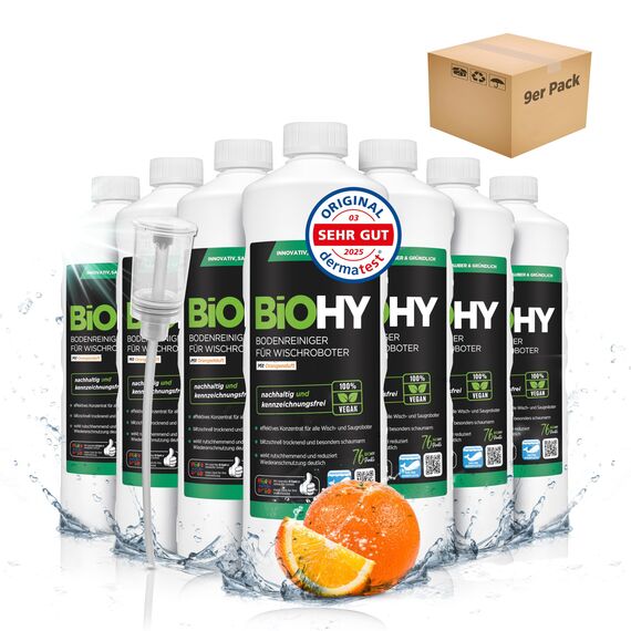BiOHY Bodenreiniger für alle Wischroboter mit Orangenduft (9 x 1 Liter) + Dosierer | Schaumarm & Streifenfrei | Reinigungsmittel Konzentrat für alle Böden
