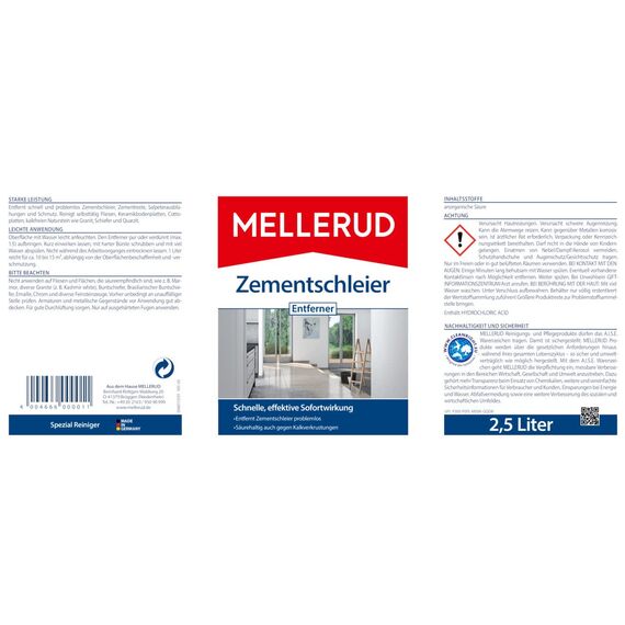 MELLERUD Zementschleier Entferner | 1 x 2,5 l | Effizientes Reinigungsmittel gegen Zementschleier, Zementreste und viele weitere Verschmutzungen