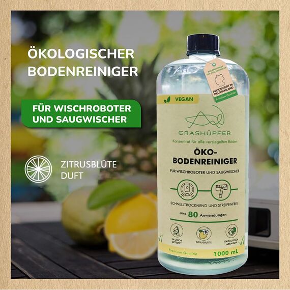 3er Set GRASHÜPFER® Öko Bodenreiniger für Wischroboter [ZITRUSBLÜTE] - Wischroboter Reinigungsmittel kompatibel mit Roborock, Dreame, Ecovacs & Co. für Laminat, Parkett, Vinyl & Fliesen - 3x1000 ml