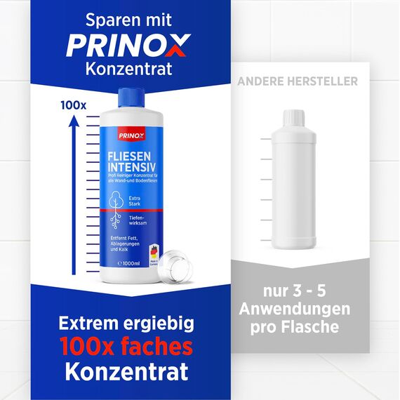 PRINOX 4x 1000ml Fliesenreiniger & Fugenreiniger Konzentrat EXTRA STARK - Reiniger zum Entfernen von hartnäckigen Verschmutzungen, Kalk oder Seifenresten im Bad