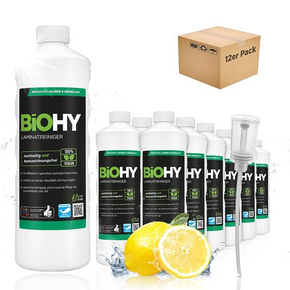 BiOHY Laminatreiniger (12 x 1 Liter) + Dosierer | 2 in 1 Laminatpflege & Reinigungsmittel | reinigt gründlich, schonend & reduziert Wiederverschmutzung | für eine streifenfreie Reinigung