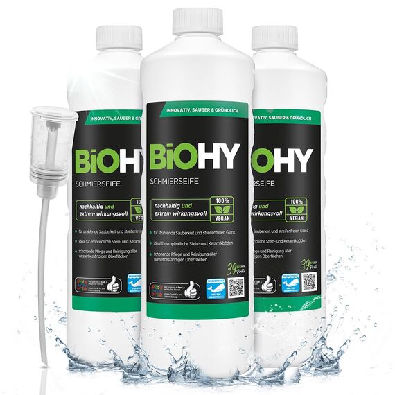 BiOHY Schmierseife (3 x 1 Liter) + Dosierer | Bodenreiniger Konzentrat – Wischpflege für Holz, Parkett & Fliesen | Rückfettend, extra stark & ergiebig | Flüssiger Bio-Fußbodenreiniger