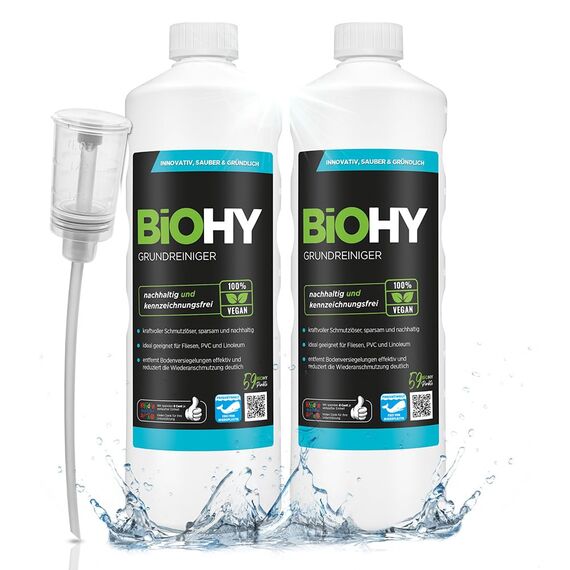 BiOHY Grundreiniger (2 x 1 liter) + Dosierer | Bodenreiniger Konzentrat gegen hartnäckige Verkrustungen & Pflegefilme | reinigt alle säure- & wasserfesten Oberflächen | für maschinelle & manuelle