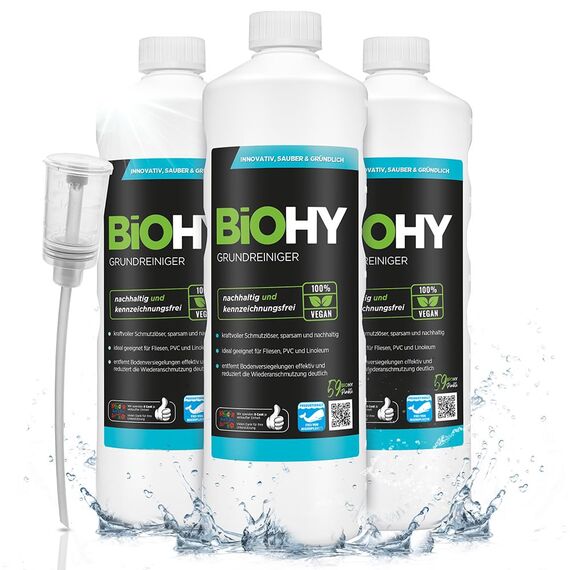 BiOHY Grundreiniger (3 x 1 Liter) + Dosierer | Bodenreiniger Konzentrat gegen hartnäckige Verkrustungen & Pflegefilme | reinigt alle säure- & wasserfesten Oberflächen | für maschinelle & manuelle