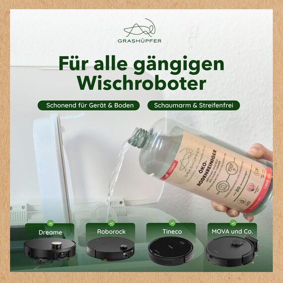 GRASHÜPFER® Öko Bodenreiniger für Wischroboter [PINK GRAPEFRUIT] - Wischroboter Reinigungsmittel kompatibel mit Roborock, Dreame, Ecovacs & Co. geeignet für Laminat, Parkett, Vinyl & Fliesen - 1000ml
