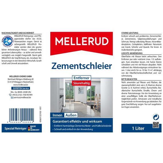 MELLERUD Zementschleier Entferner Säurehaltig | 1 x 1 l | Effizientes Reinigungsmittel gegen Zementschleier, Zementreste und viele weitere Verschmutzungen