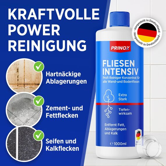 PRINOX 4x 1000ml Fliesenreiniger & Fugenreiniger Konzentrat EXTRA STARK - Reiniger zum Entfernen von hartnäckigen Verschmutzungen, Kalk oder Seifenresten im Bad