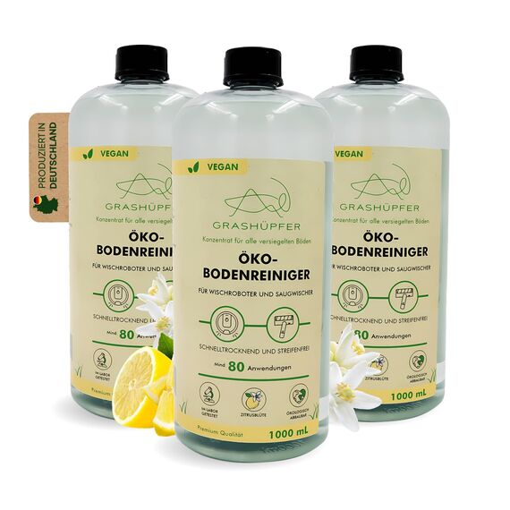 3er Set GRASHÜPFER® Öko Bodenreiniger für Wischroboter [ZITRUSBLÜTE] - Wischroboter Reinigungsmittel kompatibel mit Roborock, Dreame, Ecovacs & Co. für Laminat, Parkett, Vinyl & Fliesen - 3x1000 ml