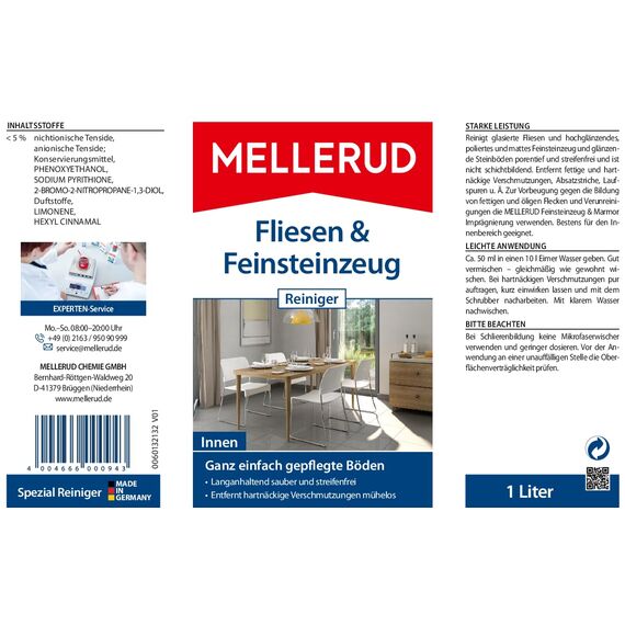 MELLERUD MELLERUD Fliesen & Feinsteinzeug Reiniger | 1 x 1 l | Zuverlässiges Mittel zum Entfernen von fettigen und hartnäckigen Verschmutzungen
