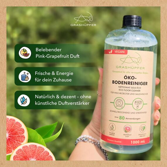 GRASHÜPFER® Öko Bodenreiniger für Wischroboter [PINK GRAPEFRUIT] - Wischroboter Reinigungsmittel kompatibel mit Roborock, Dreame, Ecovacs & Co. geeignet für Laminat, Parkett, Vinyl & Fliesen - 1000ml