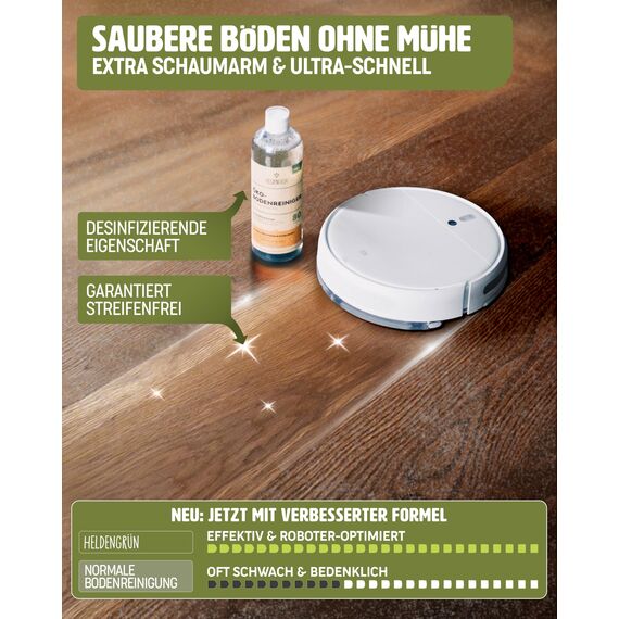 Heldengrün® Öko Bodenreiniger für Wischroboter [PFIRSICHBLÜTE & MANDEL] - Extrem gründliches Wischroboter Reinigungsmittel - Streifenfrei, schnelltrocknend & schaumarm - 3 x 1000 ml