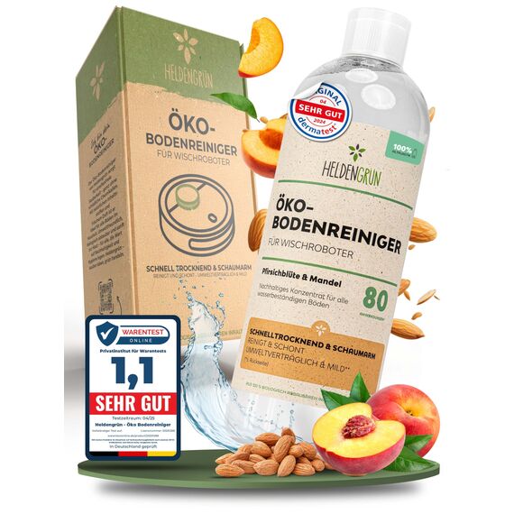 Heldengrün® Öko Bodenreiniger für Wischroboter [PFIRSICHBLÜTE & MANDEL] Dermatologisch getestet - Wischroboter Reinigungsmittel - Streifenfrei, schnelltrocknend & schaumarm - Reiniger Wischroboter