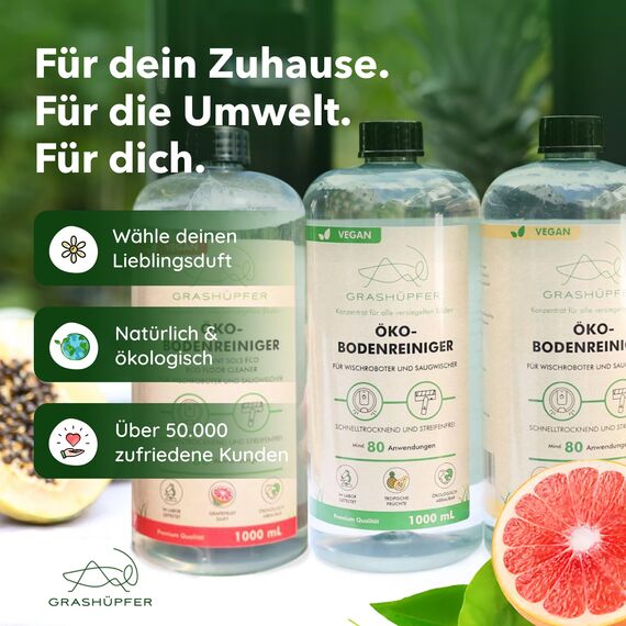 GRASHÜPFER® Öko Bodenreiniger für Wischroboter [DUFT-TRIO] - Wischroboter Reinigungsmittel kompatibel mit Roborock, Dreame, Ecovacs & Co. [TROPISCH, ZITRUSBLÜTE, PINK GRAPEFRUIT] - 3 x 1000ml