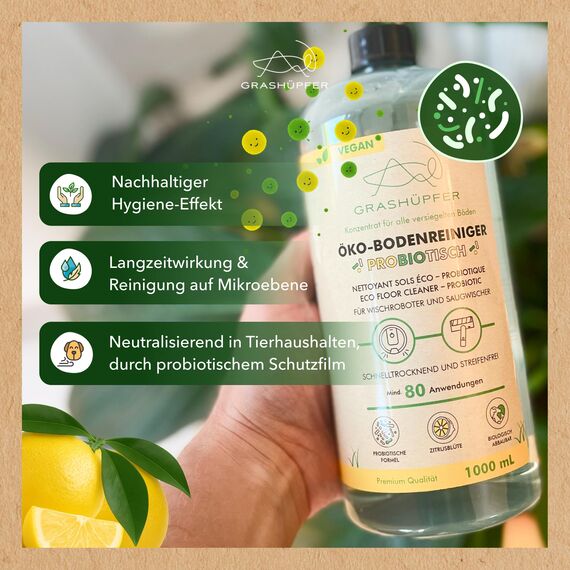GRASHÜPFER® Probiotischer Öko Wischroboter Reiniger [FÜR TIERHAUSHALTE] – reinigt und entfernt Tiergerüche biologisch, für Wischroboter und Saugwischer, sicher für Haustiere & Kinder - 1000 ml