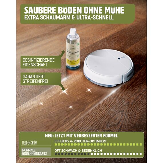 Heldengrün® Öko Bodenreiniger für Wischroboter [YUZU & LEMONGRASS] Dermatologisch getestet - Wischroboter Reinigungsmittel - Streifenfrei & schaumarm - Reiniger Wischroboter - 3 x 1000 ml