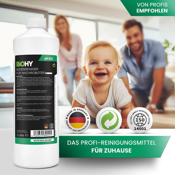 BiOHY Bodenreiniger für Wischroboter (6 x 1 Liter) + Dosierer | Reinigungsmittel Konzentrat für alle Wisch & Saugroboter mit Nass-Funktion | Schaumarm & Streifenfrei | Für alle Böden