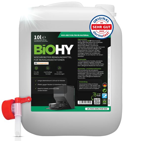 BiOHY Wischroboter Reinigungsmittel für Reinigungsstationen mit Orangenduft (10 Liter Kanister) + Auslaufhahn | Verlängert die Lebensdauer der Absaugstation | Schaumarmes Bodenreiniger Konzentrat