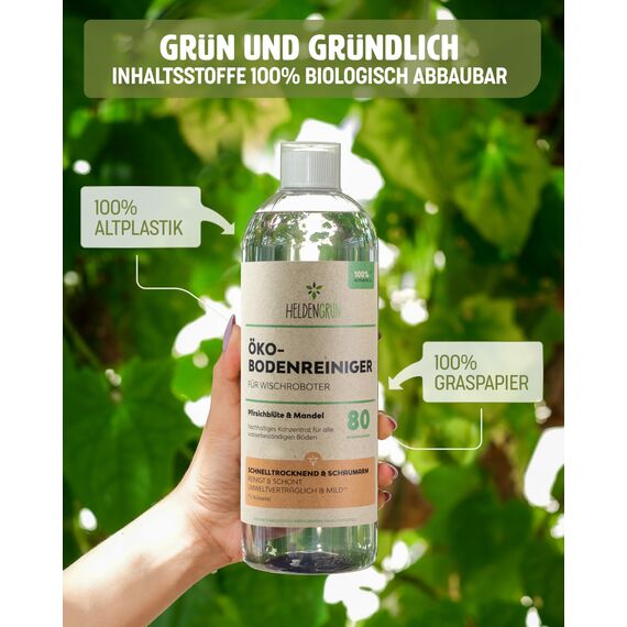 Heldengrün® Öko Bodenreiniger für Wischroboter [PFIRSICHBLÜTE & MANDEL] - Dermatologisch geprüft - Wischroboter Reinigungsmittel - Streifenfrei, schnelltrocknend & schaumarm - 2 x 1000 ml