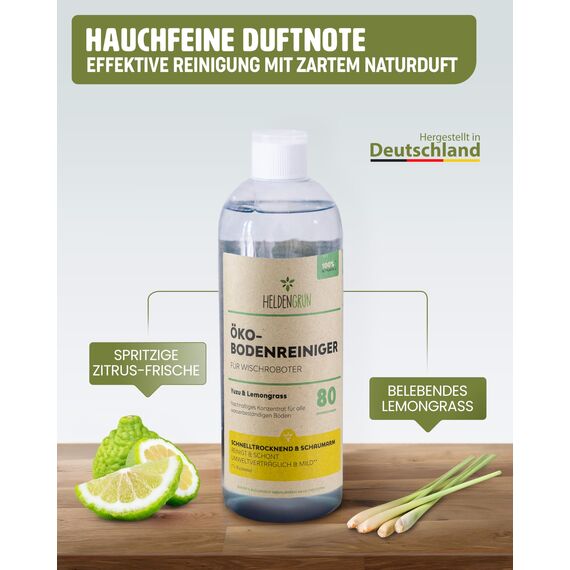 Heldengrün® Öko Bodenreiniger für Wischroboter [YUZU & LEMONGRASS] Dermatologisch getestet - Wischroboter Reinigungsmittel - Streifenfrei, schnelltrocknend & schaumarm - Reiniger Wischroboter