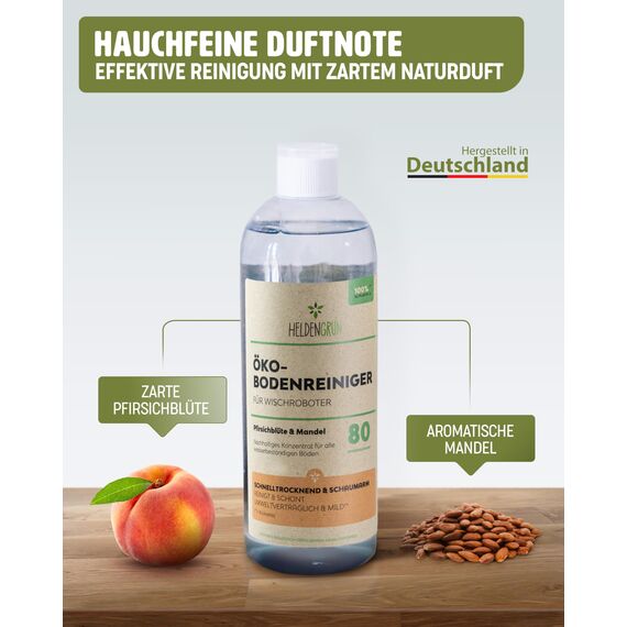 Heldengrün® Öko Bodenreiniger für Wischroboter [PFIRSICHBLÜTE & MANDEL] Dermatologisch getestet - Wischroboter Reinigungsmittel - Streifenfrei, schnelltrocknend & schaumarm - Reiniger Wischroboter