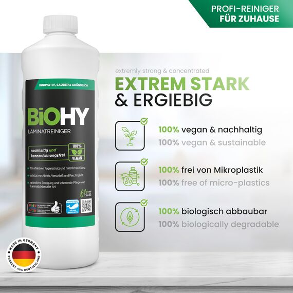 BiOHY Laminatreiniger (2 x 1 liter) + Dosierer | 2 in 1 Laminatpflege & Reinigungsmittel | reinigt gründlich, schonend & reduziert Wiederverschmutzung | für eine streifenfreie Reinigung