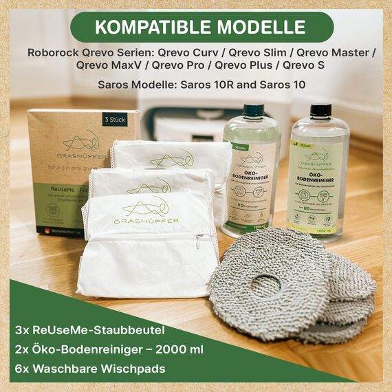 GRASHÜPFER® Roborock Qrevo/Saros 10R Sorglospaket – 2x Öko-Bodenreiniger (Zitrusblüte & Tropisch) + 3 Wiederverwendbare Staubbeutel + 6 Waschbare Wischpads – Zubehör & Ersatzteile für Wischroboter