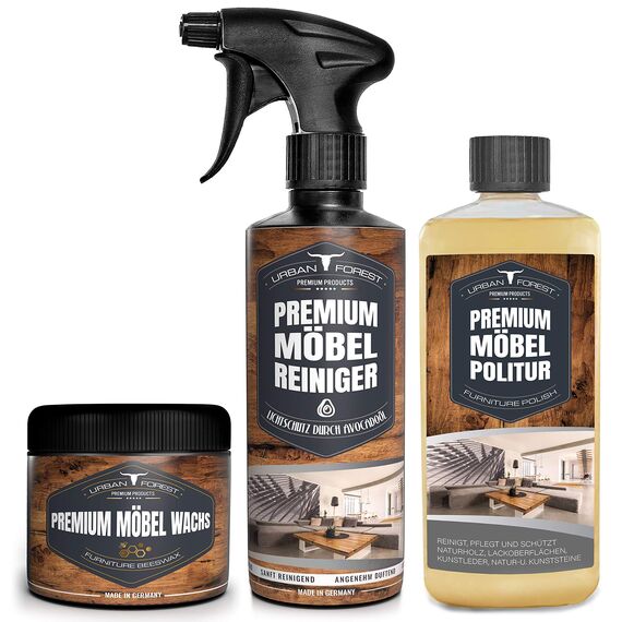 Möbelwachs Möbelöl & Möbelreiniger als Sparset für Holzoberflächen, Kunststoffoberflächen, Kunstleder, Natur- u. Kunststeine, Lederoberﬂächen URBAN FOREST (Sparset Reiniger+Wachs+Politur)